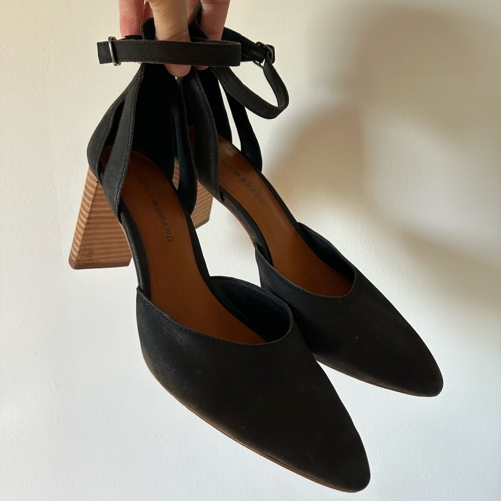 Lucky Brand Black Genuine Leather Heels Strappy Block Heel